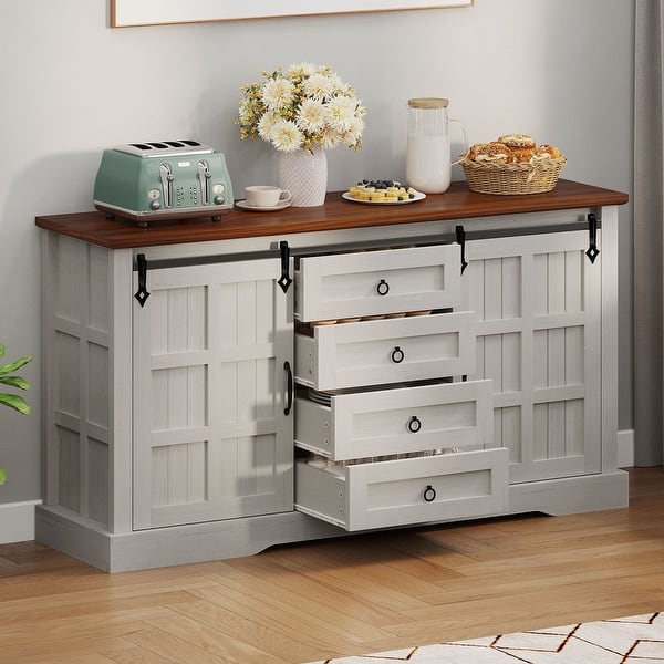 slide 2 of 34, Farmhouse Sideboard Buffet Cabinet with Storage-Sliding Barn Doors and 4 Drawers