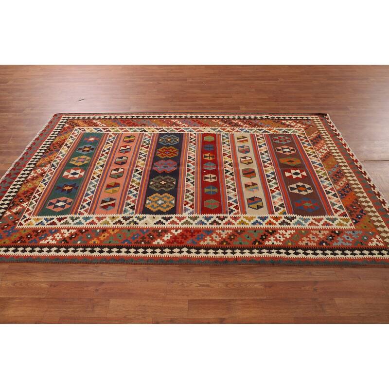 Vegetable Dye Striped Kilim Qashqai Persian Vintage Wool Carpet - 4'11"x 8'0"