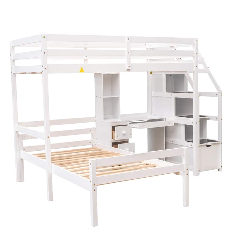Twin Over Twin Loft Bed with a Stand-alone Bed & Storage Staircase, Solid Wood Twin Bed Frame with Desk, Shelves and Drawers