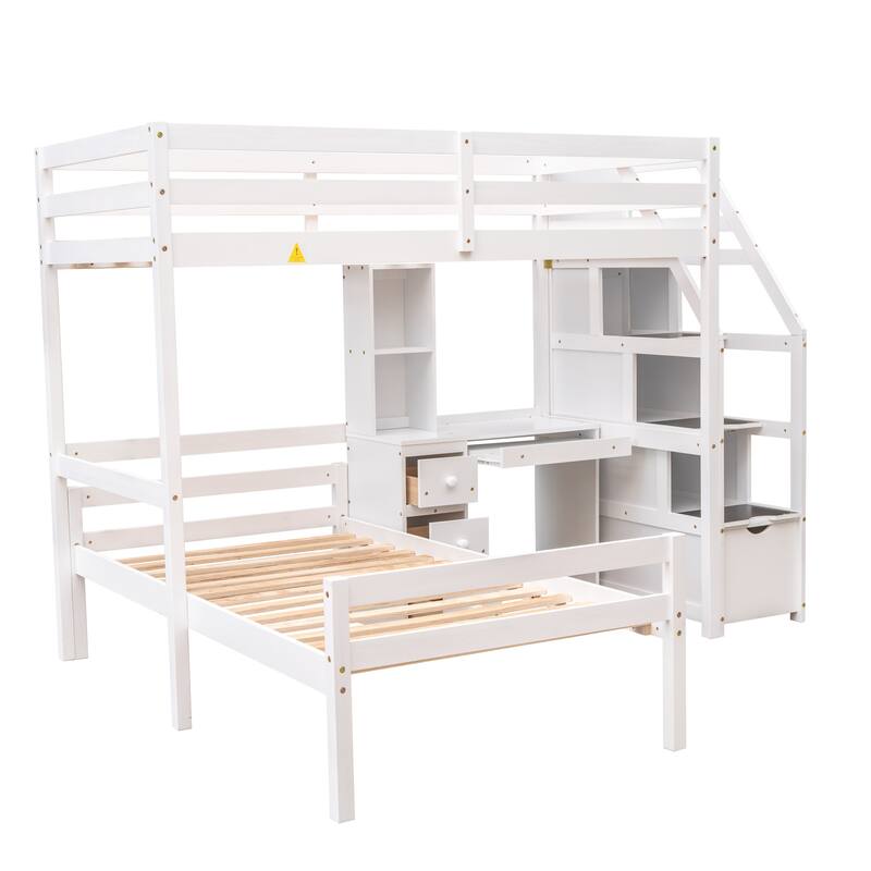 Twin Size Loft Bed with Stand-alone Bed, Storage Staircase, Desk, Shelves, and Drawers in White