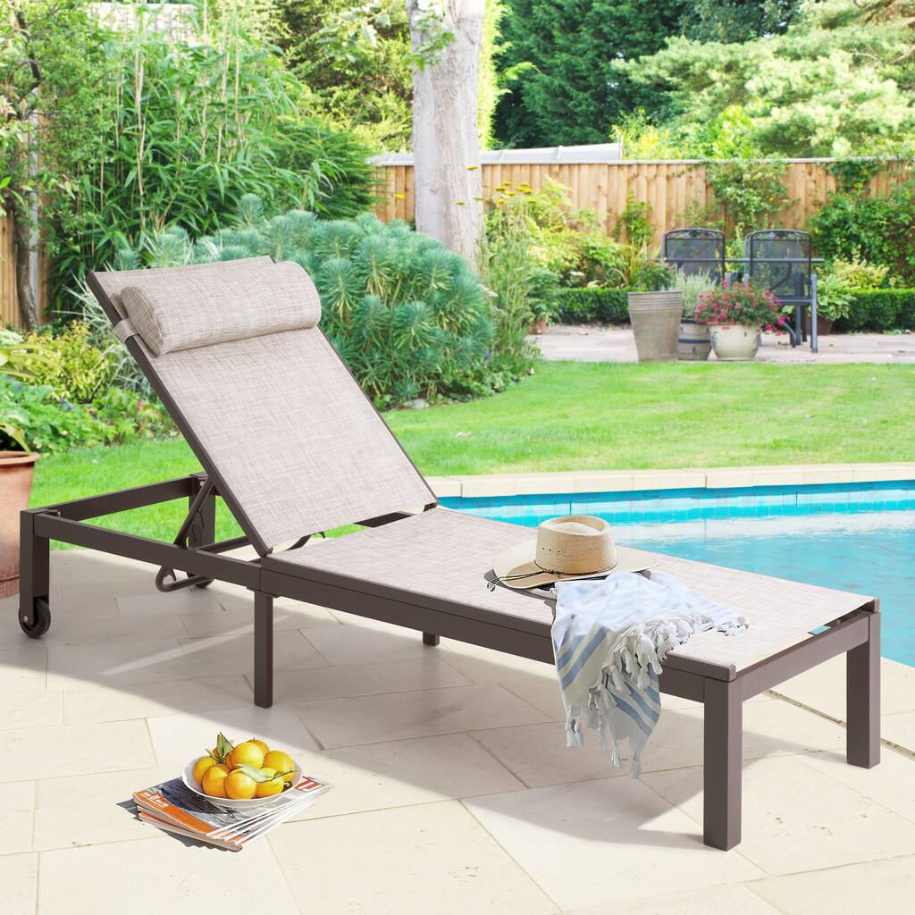 Crestlive Outdoor Adjustable Chaise Lounge Chair with Wheels for Patio Pool Deck - 77.17" L × 23.62" W × 13.38" H