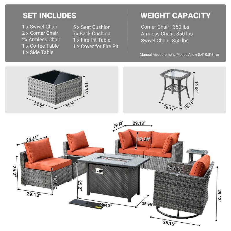 HOOOWOOO 8-piece Rattan Wicker Patio Furniture Set with Fire Pit