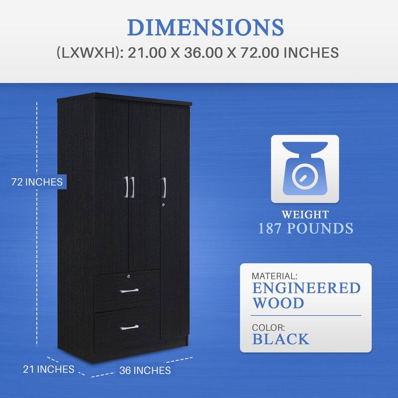 Hodedah Import 3 Door Armoire with Clothing Rod, Shelves, and 2 Drawers, Black - 187