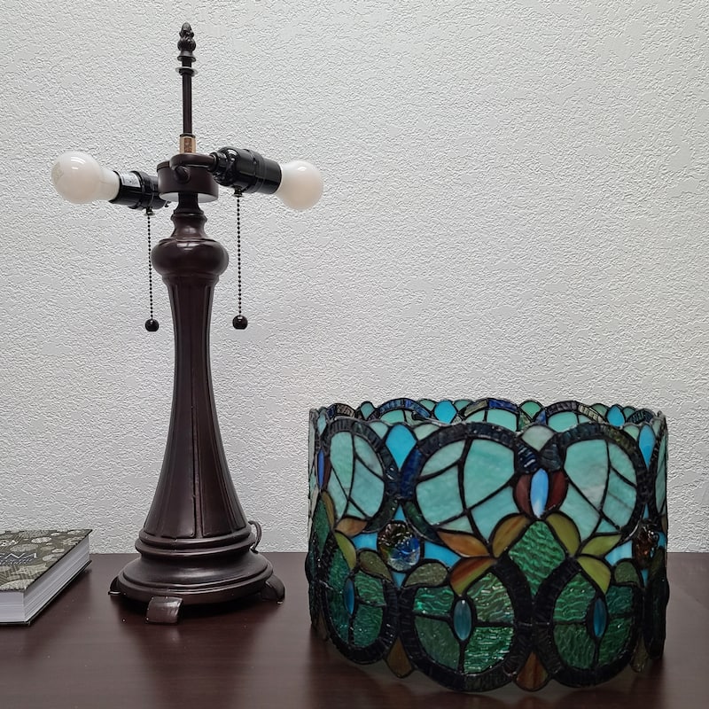 Tiffany Style Table Lamp Floral 21" Tall Stained Glass White Decor Nightstand Bedroom Handmade Gift Amora Lighting