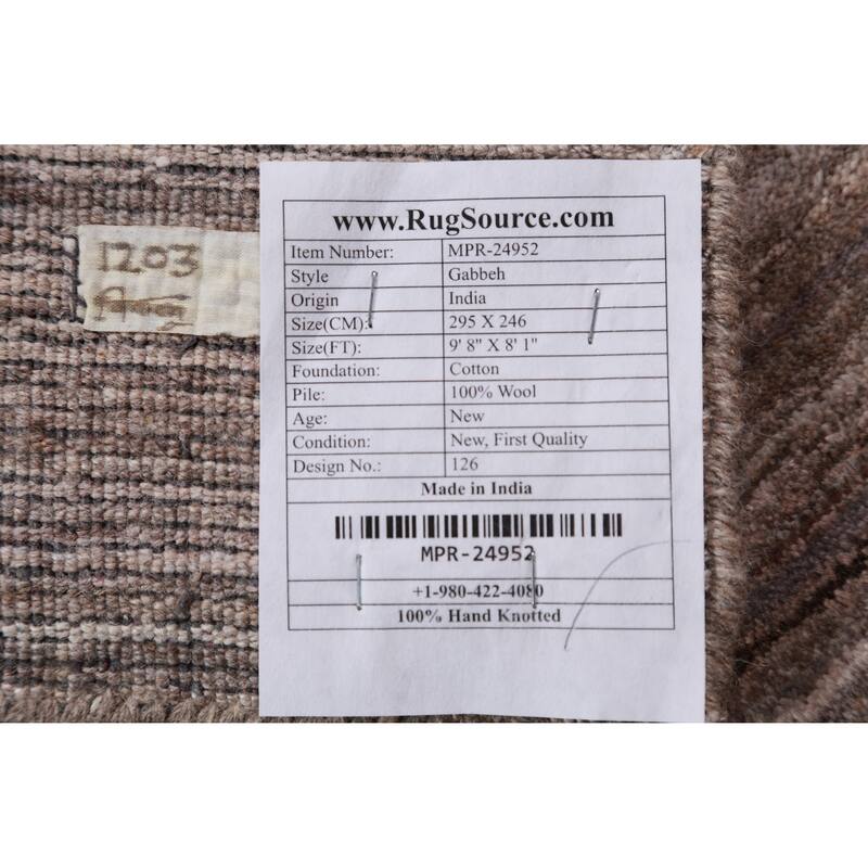 Striped Brown Gabbeh Indian Area Rug Hand-Knotted Wool Carpet - 8'1" x 9'8"