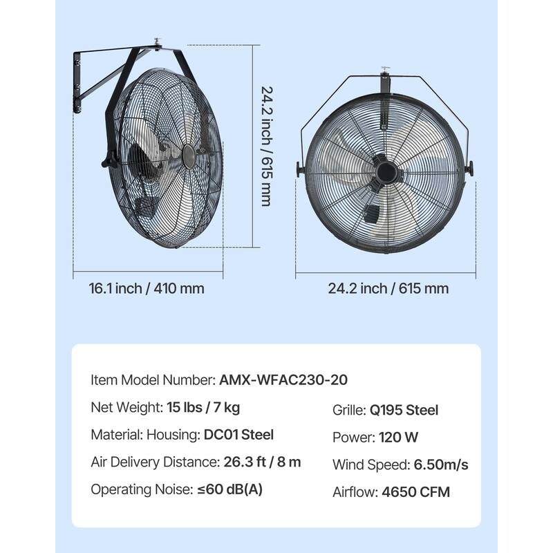 20 Inch Industrial Wall Mount Fan 3 Speed 4650 CFM for Garage Workshop
