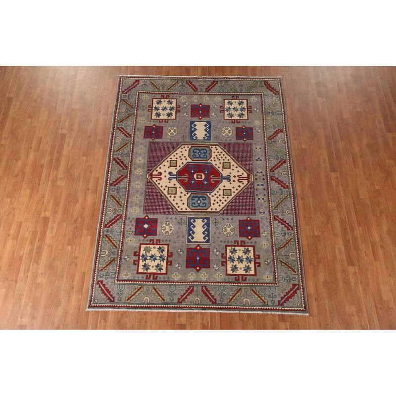 Geometric Gray Kazak Oriental Area Rug Handmade Wool Carpet - 6'4" x 9'0"