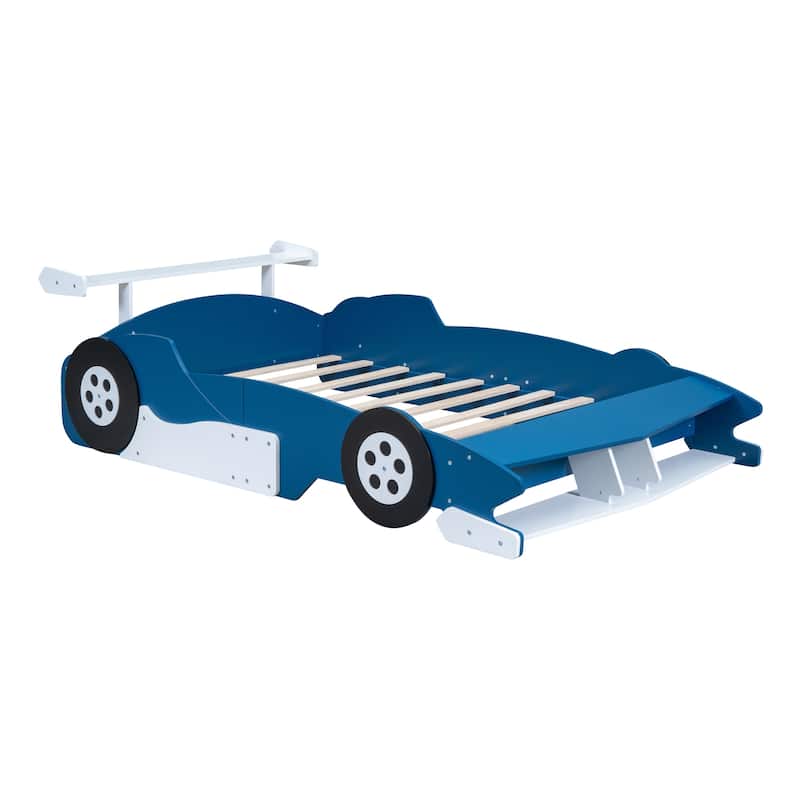 Full Size Race Car-Shaped Platform Bed with Wheels, Blue