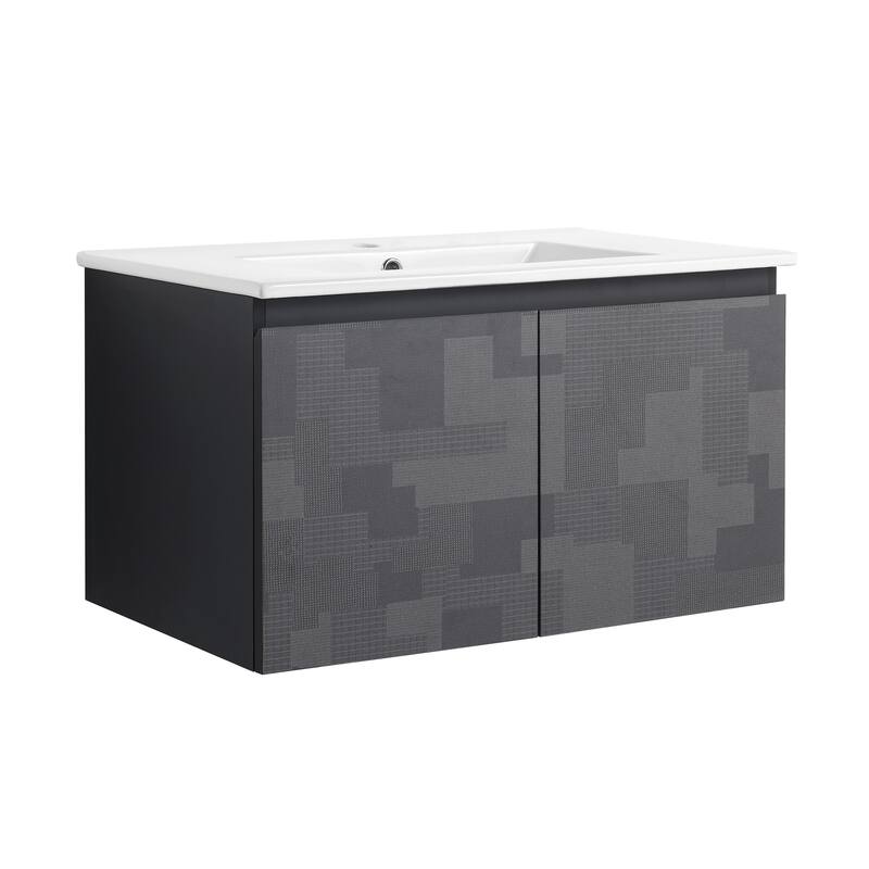 Plywood Wall Mounting Bathroom Vanity Set in Black with Integrated Ceramic Sink