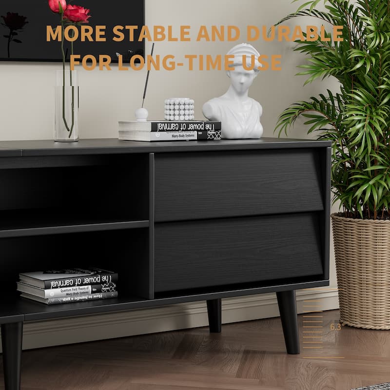 Black 63" TV Stand with Drawers and Solid Wood Legs, Vintage-Style Media Console for Living Room