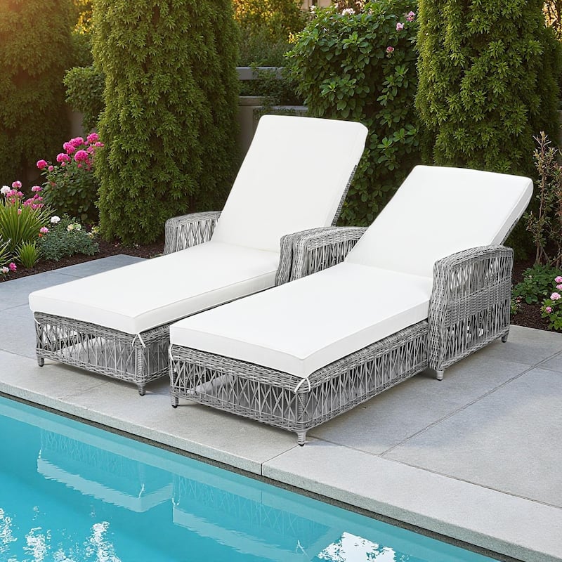Outdoor Rattan Wicker Chaise Lounge Chair with Adjustable Backrest and Armrests - 2-Piece - Beige+Grey