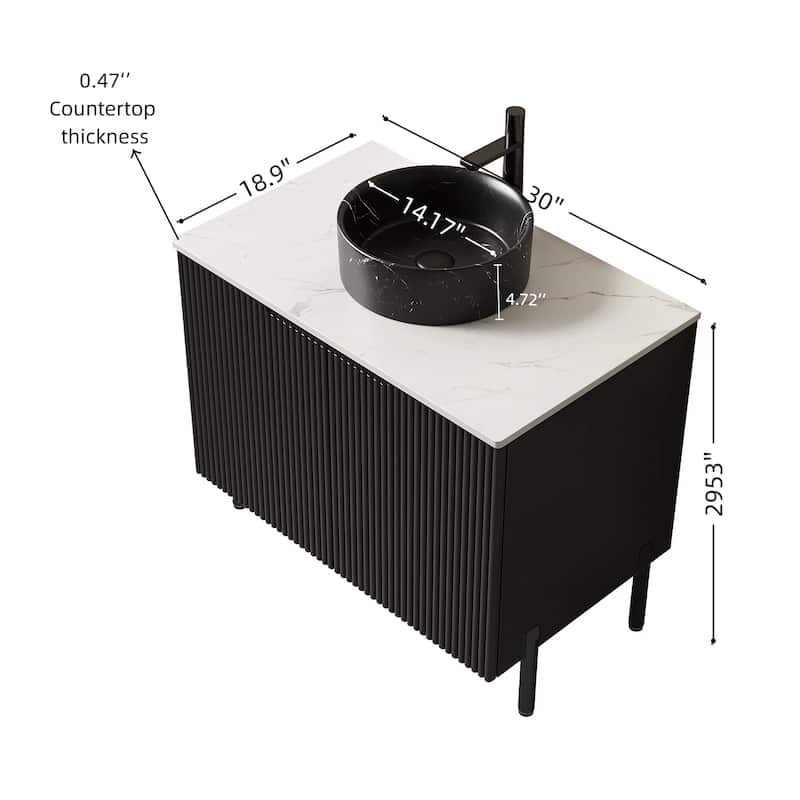 30" Bathroom Vanity with Sink, Freestanding Bathroom Storage Cabinet with 2 Doors, Black Round Ceramic Basin with Stone Pattern
