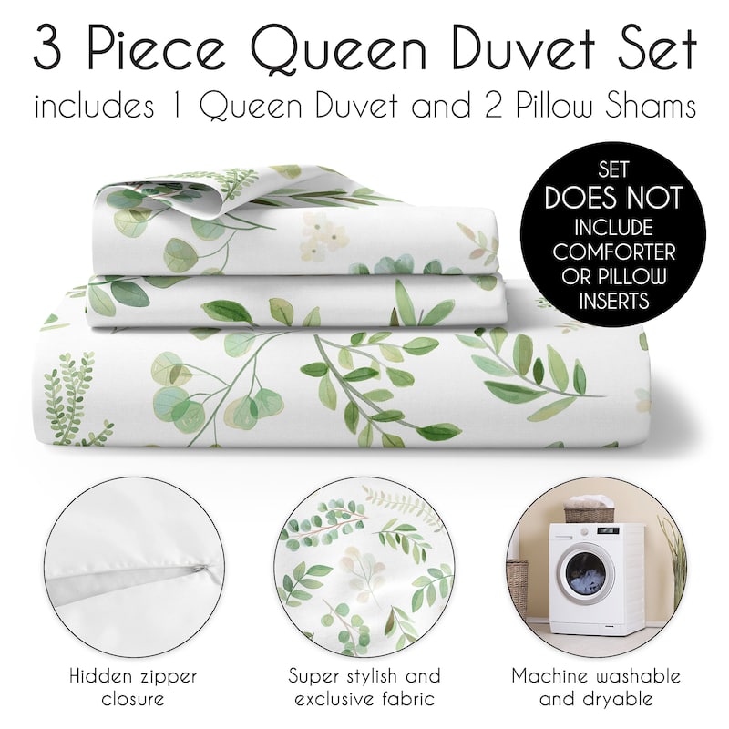 Sweet Jojo Designs Green Boho Floral Leaf Neutral Queen Duvet Cover Bedding Set Bohemian Woodland Garden Watercolor Botanical