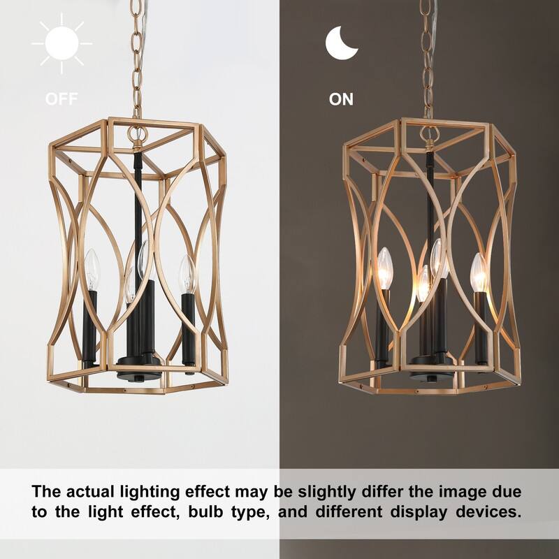 Modern 4-light Gold Chandelier Geometric Fretwork Frame Candle Ceiling Light - Antique Gold - D12" x H 77.5"