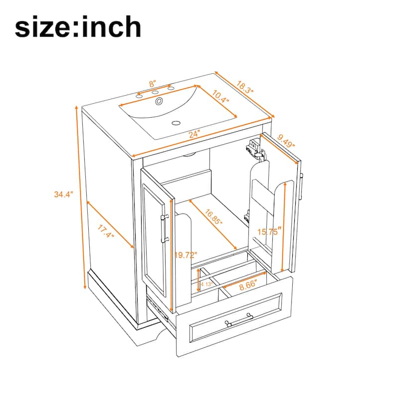 24" Bathroom Vanity with Sink Bathroom Storage Cabinet with 1 Divided Drawer and Dual Door Storage Racks