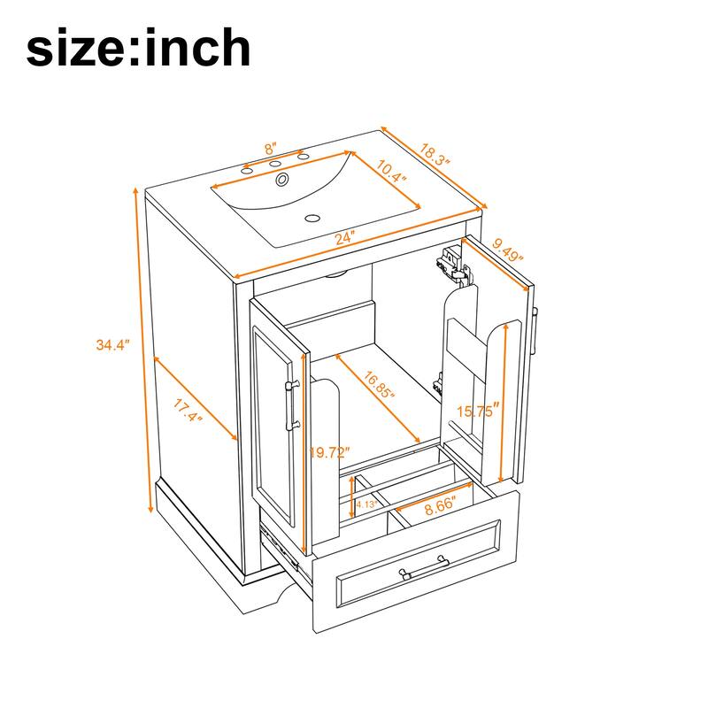 Bathroom Vanity with Ceramic Sink, Freestanding Bathroom Cabinet with Double Shelf, 1 Divided Drawer & 2 Soft Close Doors
