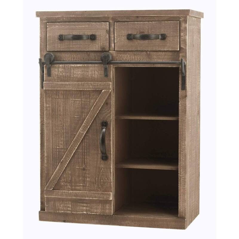 Rustic Wood End Table with Sliding Barn Door - Brown - Distressed