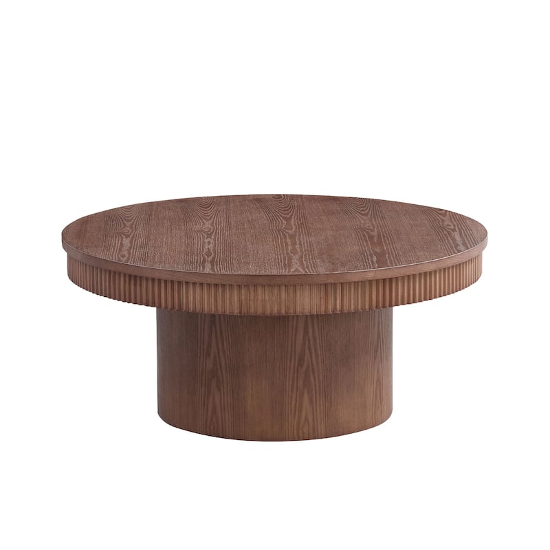 35.43" Walnut Round Coffee Table with Solid Wood Ribbed Wave Trim