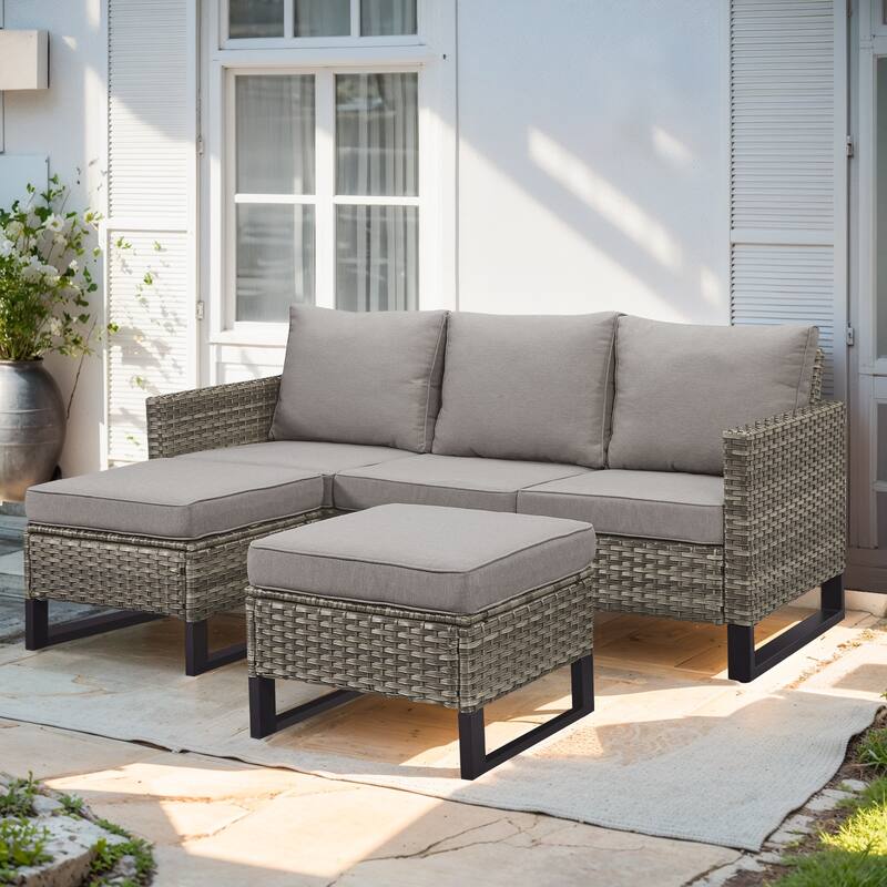 3 Pieces Patio Sofa with Ottoman Furniture - Grey - Grey