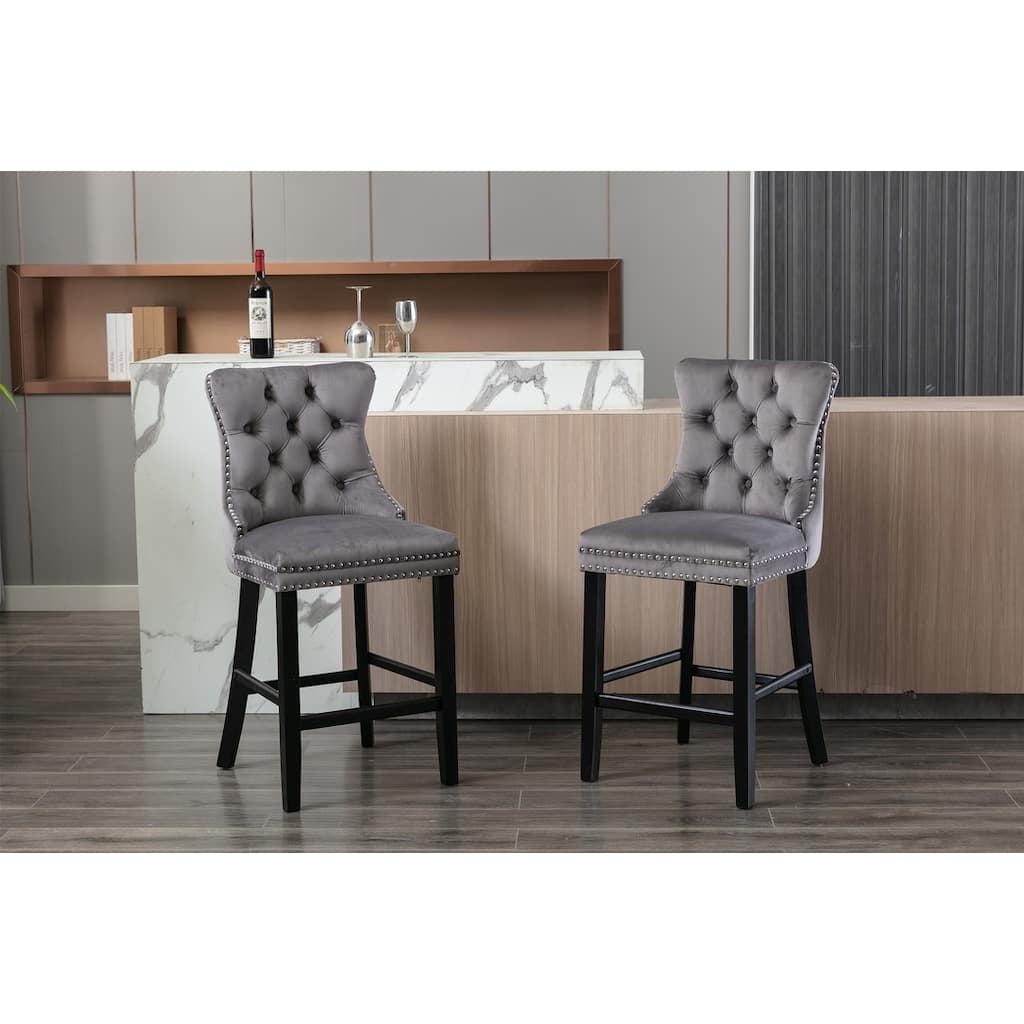 Contemporary Velvet Upholstered Barstools with Button Tufted Decoration