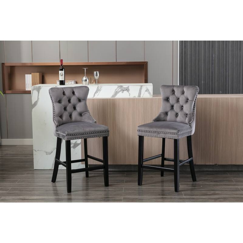 Contemporary Velvet Upholstered Barstools with Button Tufted Decoration and Wooden Legs,Set of 2