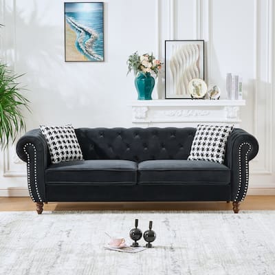87"Chesterfield ‌velvet upholstery fabric Sofa with Roll Armrest & Nailhead,Upholstered Modern Couch,3 Seater Couch