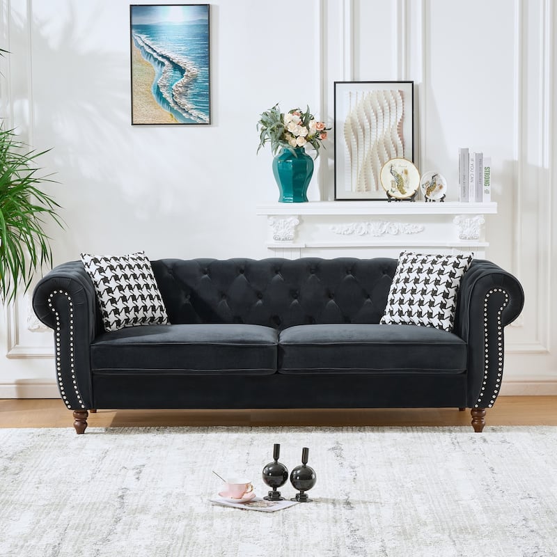 Roomfitters 87" Classic Chesterfield Upholstered Sofa with Scrolled Arms and Nailhead Trim, Button Back Living Room Couch - Black