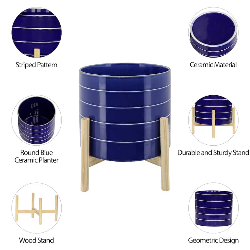 Sagebrook Home Modern Coastal Blue Striped Planter with Wood Stand Indoor/Outdoor