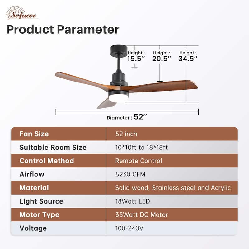 52" Solid Wood Noiseless 3-Blade Ceiling Fans with Dimmable LED Light Optional and Remote, 6-Speed Reversible DC Motor