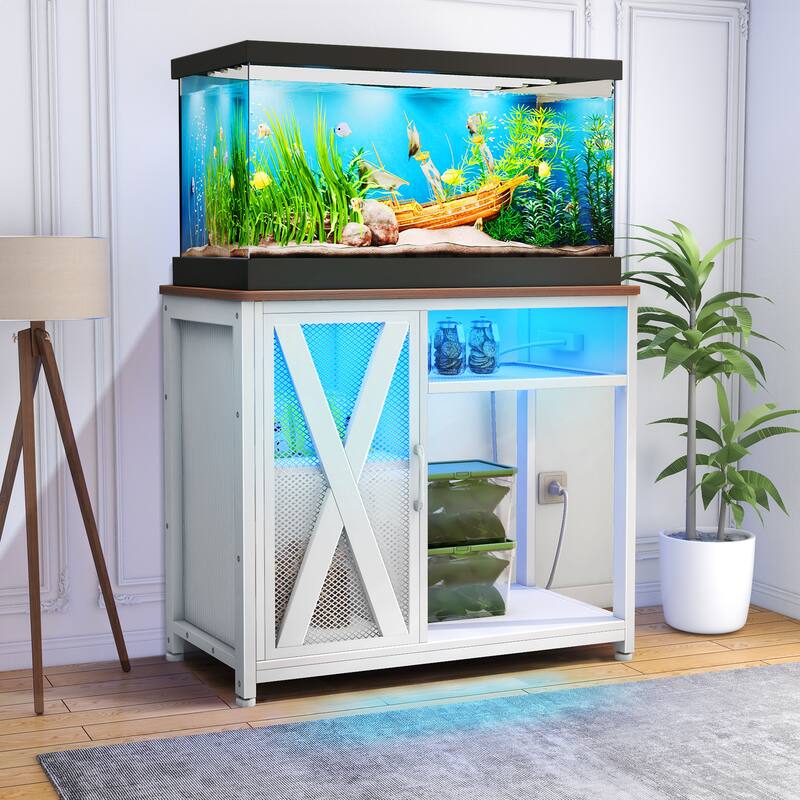 LED Aquarium Stand with Storage Cabinet and Power Outlets - White - Medium