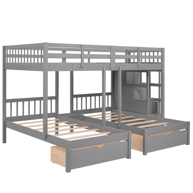 Space-Saving Full Over Twin & Twin Bunk Bed with Drawers and Guardrails, Gray