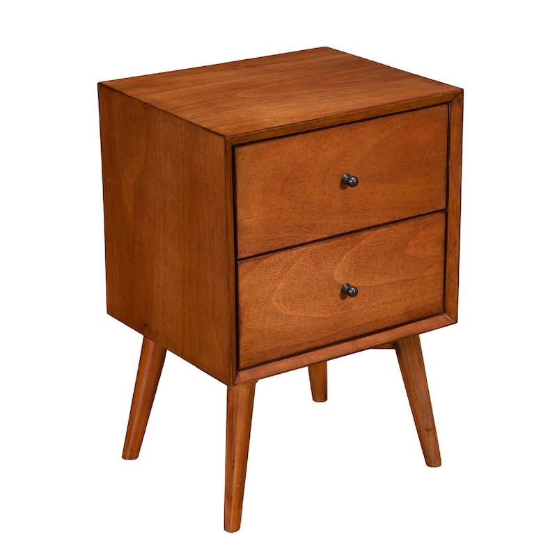Mid Century 26 Inch Nightstand, 2 Drawers, Mahagony Wood Chestnut Brown