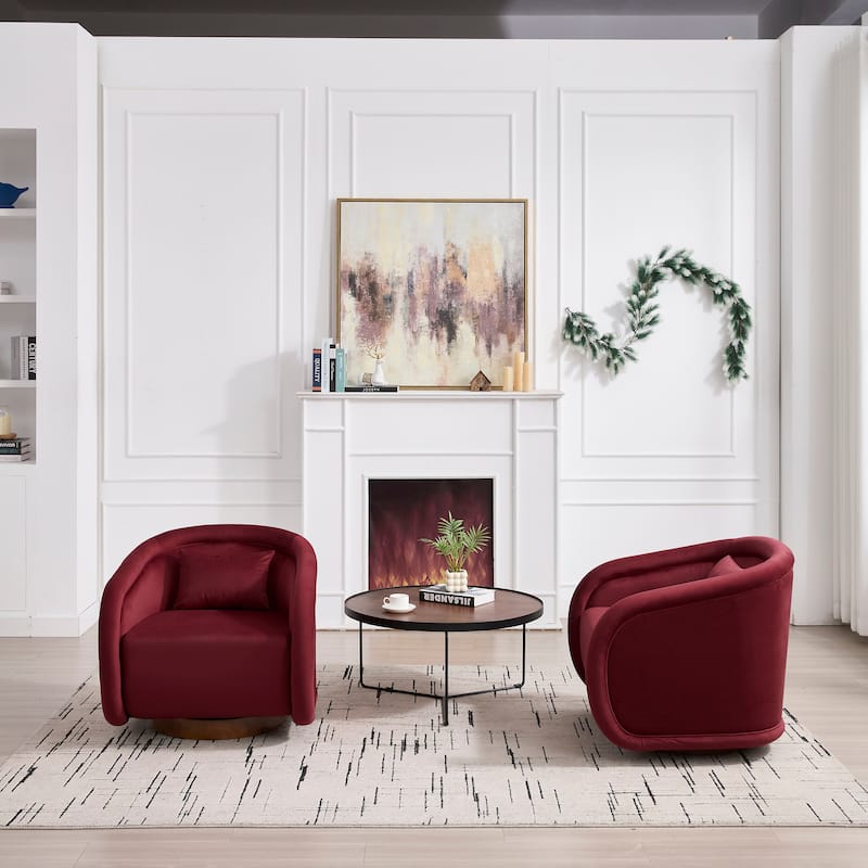 360° Swivel Upholstered Barrel Chair, Comfy Single Arm Reading Sofa, Leisure Club Chair with Cushion & Solid Wood Base