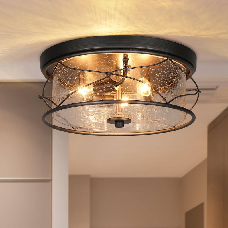 Modern 3-Light Black Silver Drum Flush Mount Light Seeded Glass Ceiling Lights for Foyer - D 13.5" x H 6"