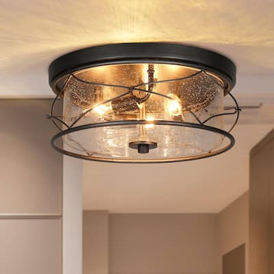 Modern 3-Light Black Silver Drum Flush Mount Light Seeded Glass Ceiling Lights for Foyer - D 13.5" x H 6"