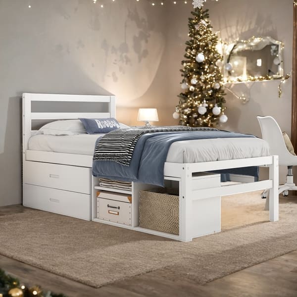 slide 2 of 15, White Twin Size Wood Platform Bed with Removable Storage Shelves, 2 Built-in Storage Drawers White