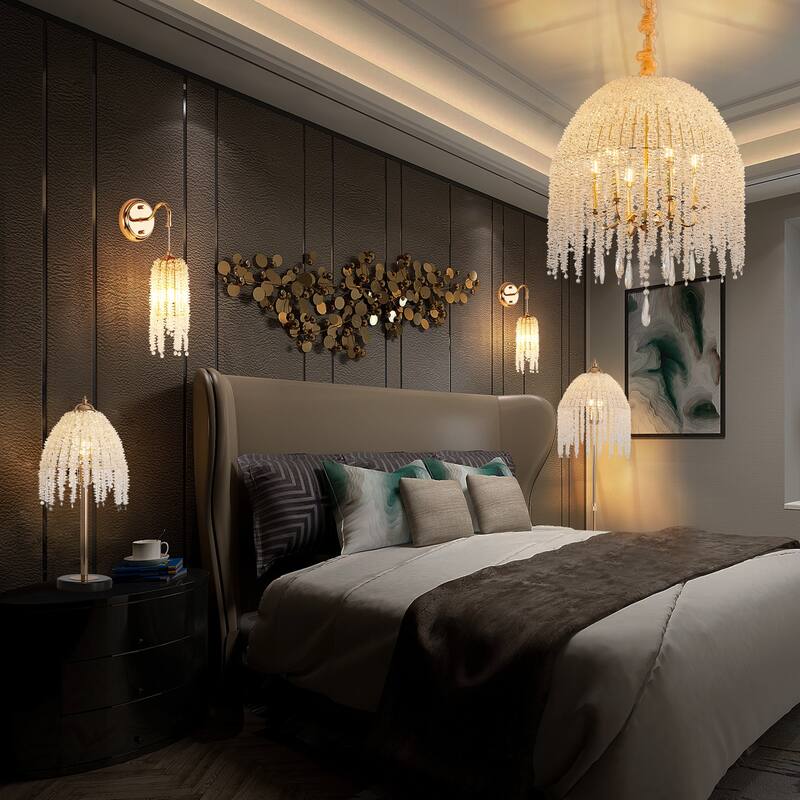 20 Inch 6-Light K9 Crystal Pendant Light Chandelier- Elegant Waterfall Design with Cascading Crystal Bead Strings - Gold