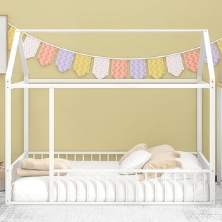 Metal Full Size Floor Bed with Fence and Semi-enclosed House Roof