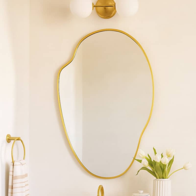 TEHOME Vallia Brushed Gold Asymmetrical Irregular Wall Mirror ,22''x 34'' Unique Brass Frame Wall Mounted Mirror for Bathroom