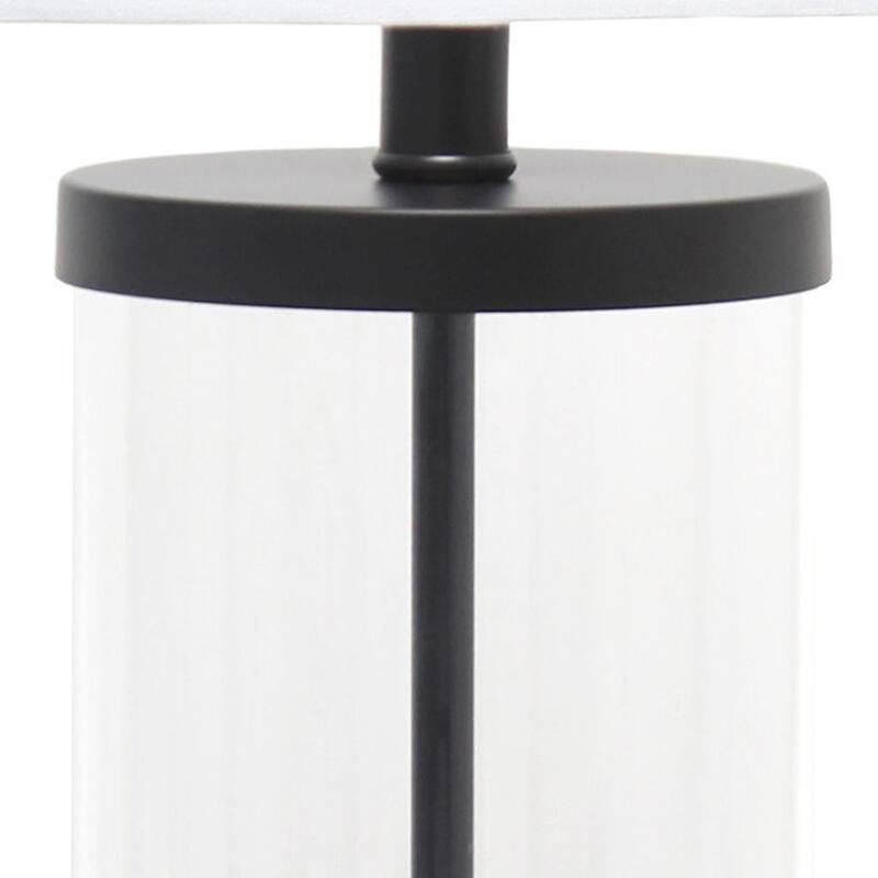 HomeRoots 28" Clear And Black Glass And Metal Table Lamp With White Drum Shade - 14.00 in. x 27.50 in. x 14.00 in.