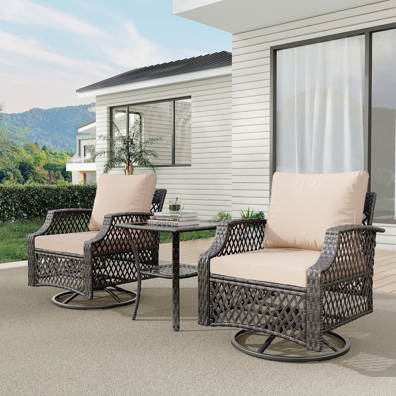 Outdoor Wicker Patio Set w Swivel Chairs & Sofa, Ottomans and Tables, Modular 3/5/6/7-Piece, All-Weather Conversation Set.