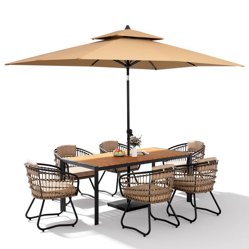 9-Piece Outdoor Patio Dining Set Wood Like Aluminum Umbrella Hole Table with Rattan Chairs, Market Umbrella and Base