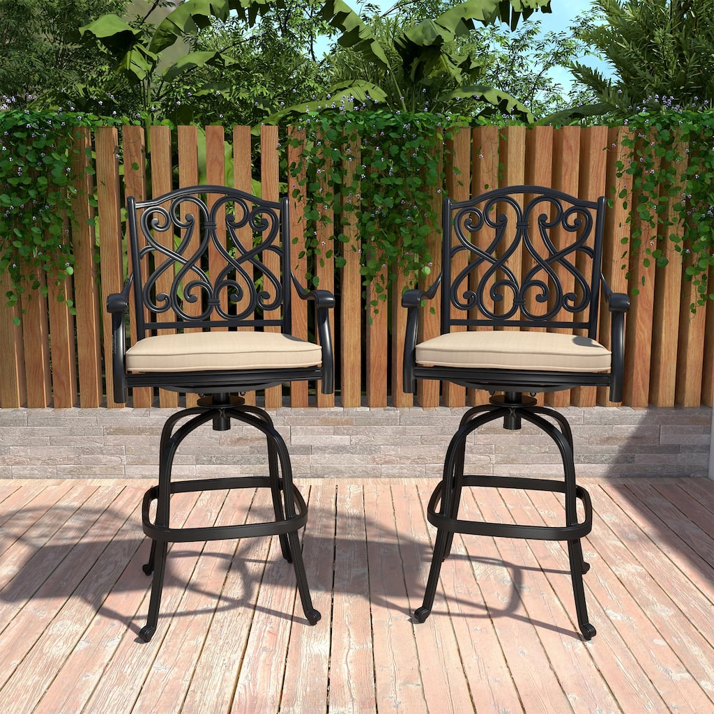 Patio Cast Aluminum Vintage Carved Barstools with Cushions (Set of 2)