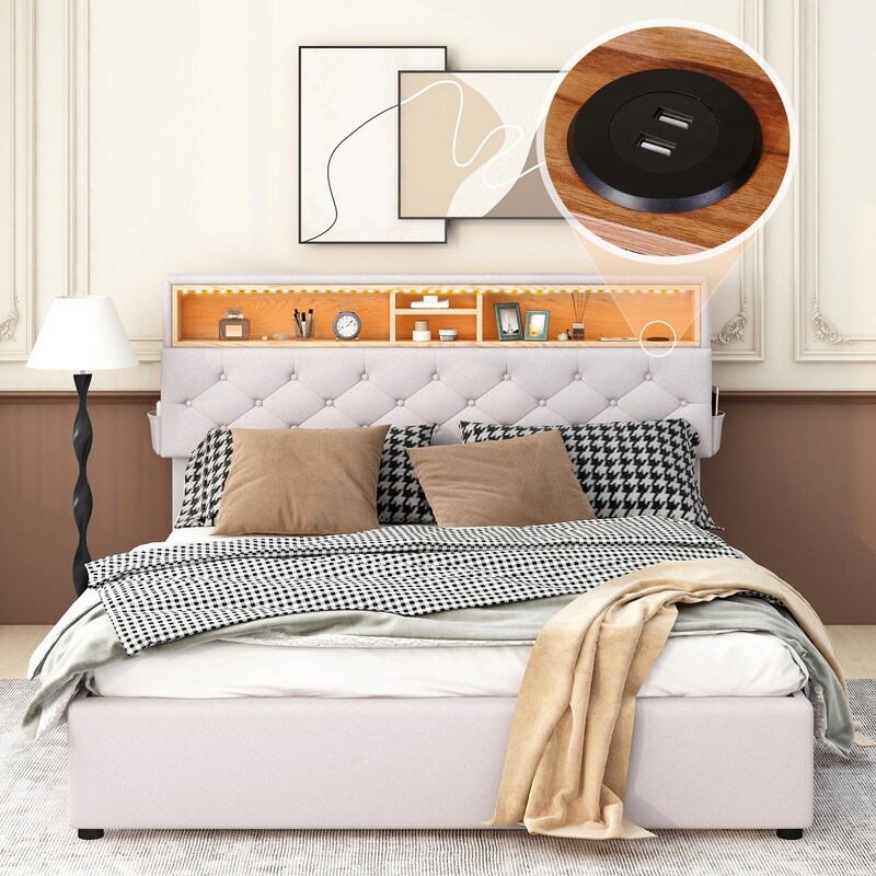 Upholstered Platform Bed w LED Storage Headboard Drawers USB Charging Design