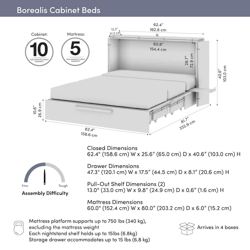 Bestar Borealis 63W Queen Murphy Cabinet Bed with Drawer and Mattress