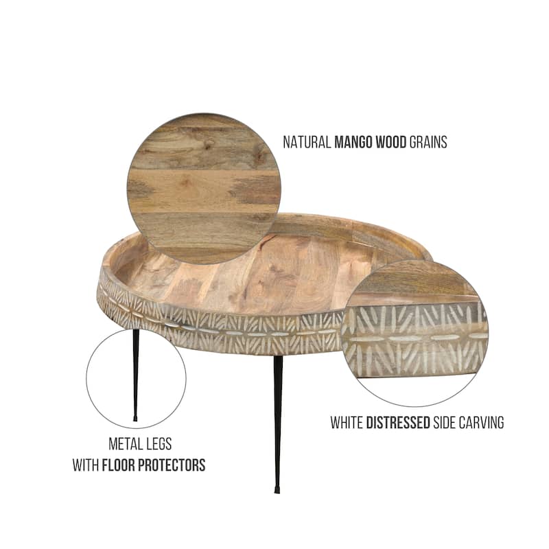Gia 29 Inch Modern Handcrafted Round Coffee Table, Natural Brown Wood Top with Carved Edge, Black Iron Legs