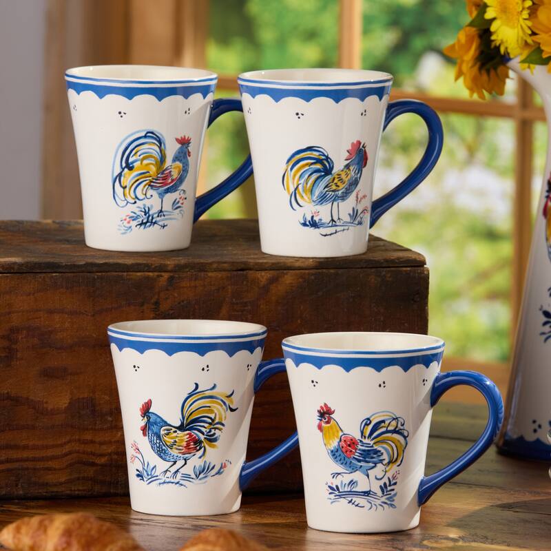 Certified International French Rooster 16 oz. Mugs, Set of 4 Assorted Designs