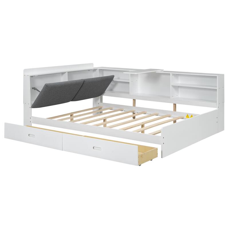 Full Size Wood Platform Bed with Storage Headboard, Shelves, and 2 Drawers in Gray - No Box Spring Required
