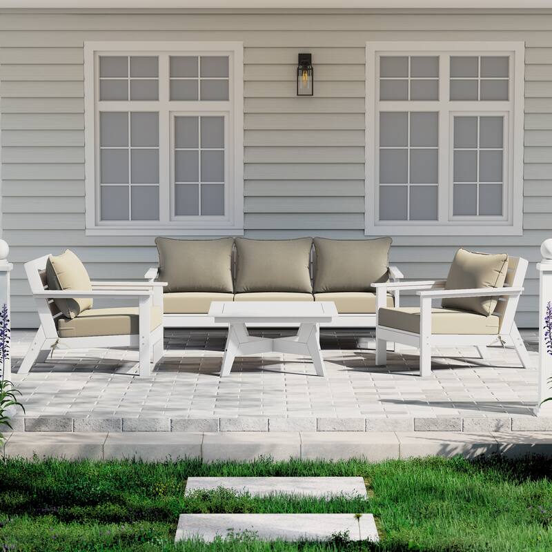 Birchwood All Weather HDPE Outdoor Patio White Deep Seating Conversation Set (6-Piece Set) - White/Beige