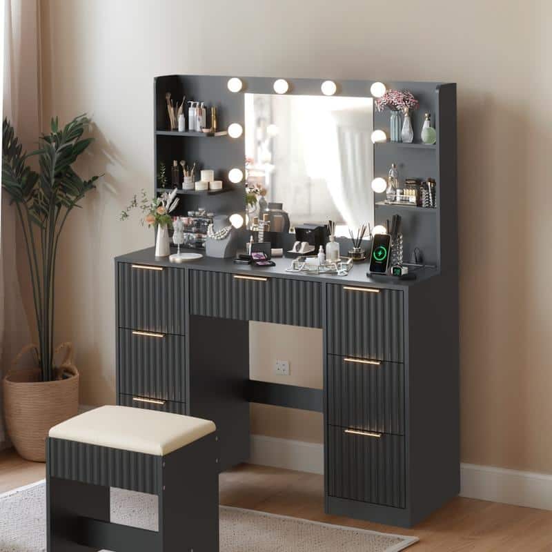 Particle Board Laminated with Textured Melamine, 7-Drawer 4-Tier Shelf, with 10 Three-Color Dimmable Bulbs, Dressing Table Set